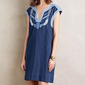 Anthropologie Holding Horses Samara Denim Dress Sz XL Blue Western Embroidered